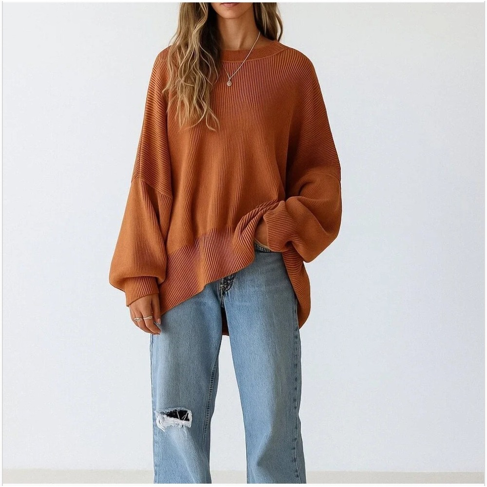Free People Easy Street Slouchy Oversized Knit Sweater‎ Boho Burnt Orange XS